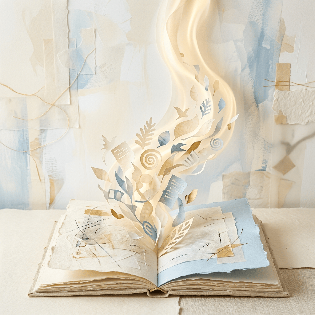 Paper garden emerging from an open illustrated book